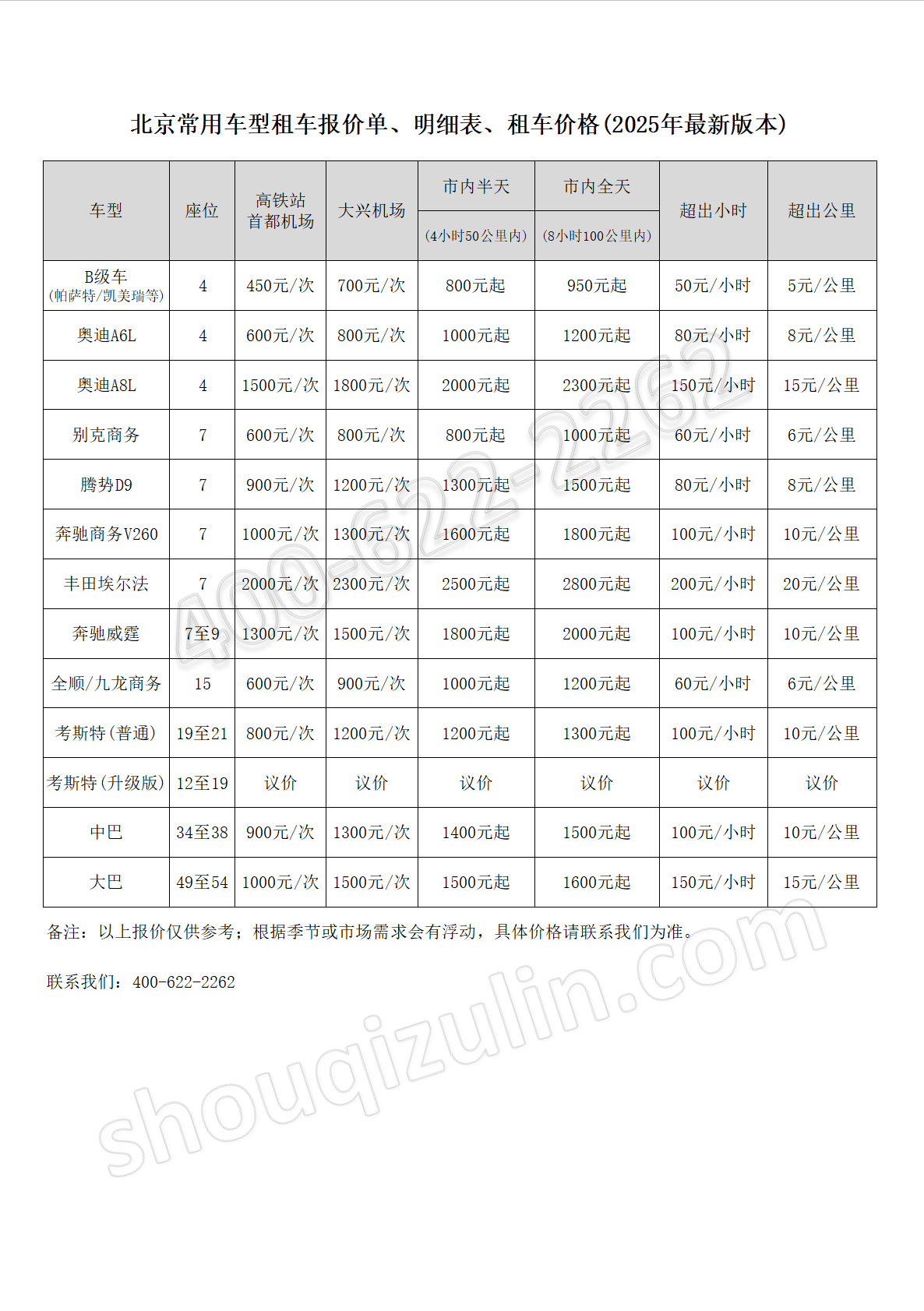 2025年最新租车收费标准、租车价格，包车费用